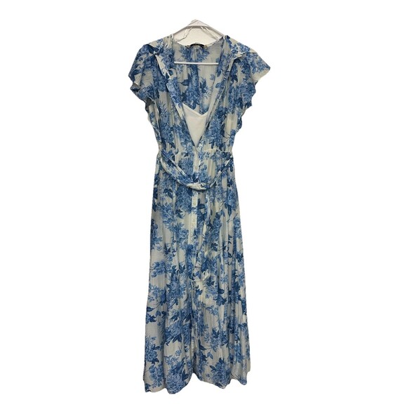 Taylor Blue Floral Maxi Dress Flutter Sleeve V-Neck Belted Size S - Picture 1 of 9